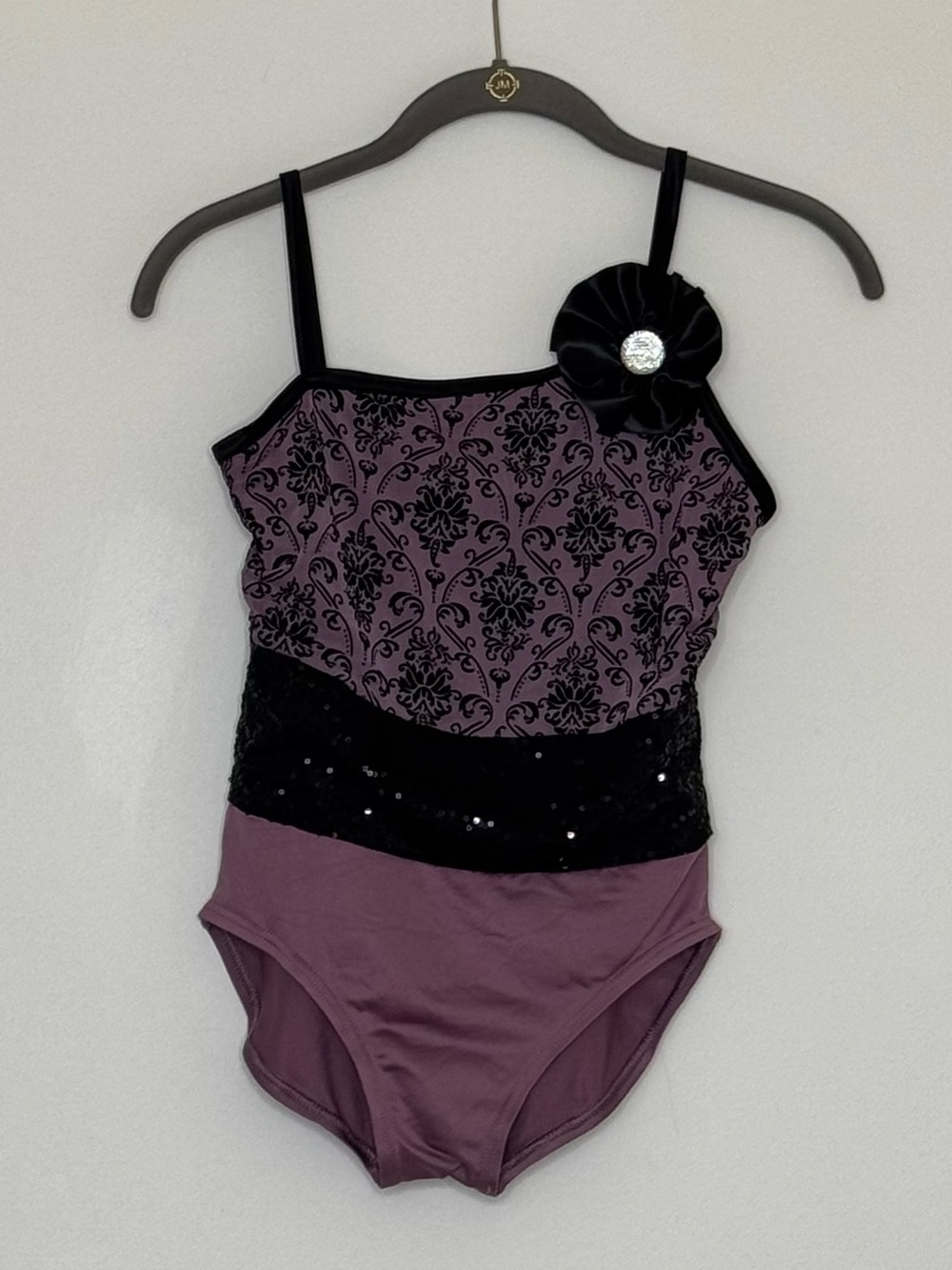 Weissman Purple and Black Floral One-Piece with Sequin Waist Flower Accent